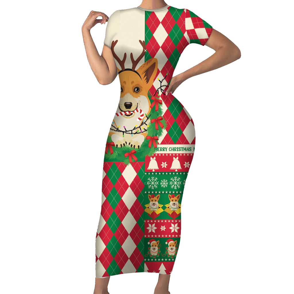 Wales Corgi Christmas Short Sleeve Bodycon Dress Seamless Cute Dog Argyle Pattern - Wonder Print Shop