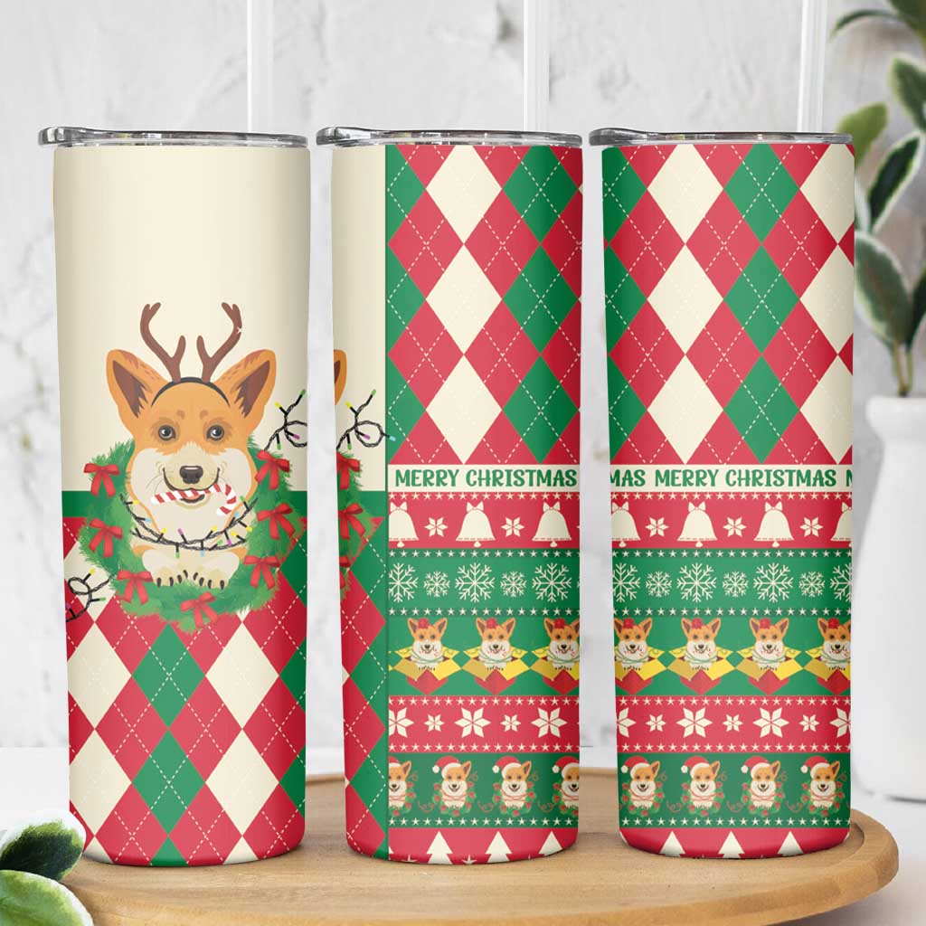 Wales Corgi Christmas Skinny Tumbler Seamless Cute Dog Argyle Pattern - Wonder Print Shop