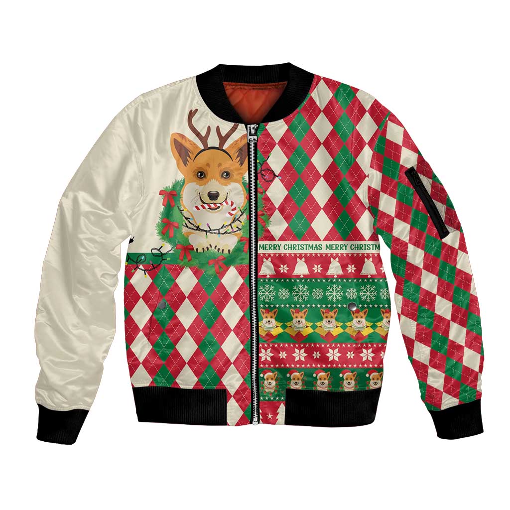 Wales Corgi Christmas Sleeve Zip Bomber Jacket Seamless Cute Dog Argyle Pattern - Wonder Print Shop