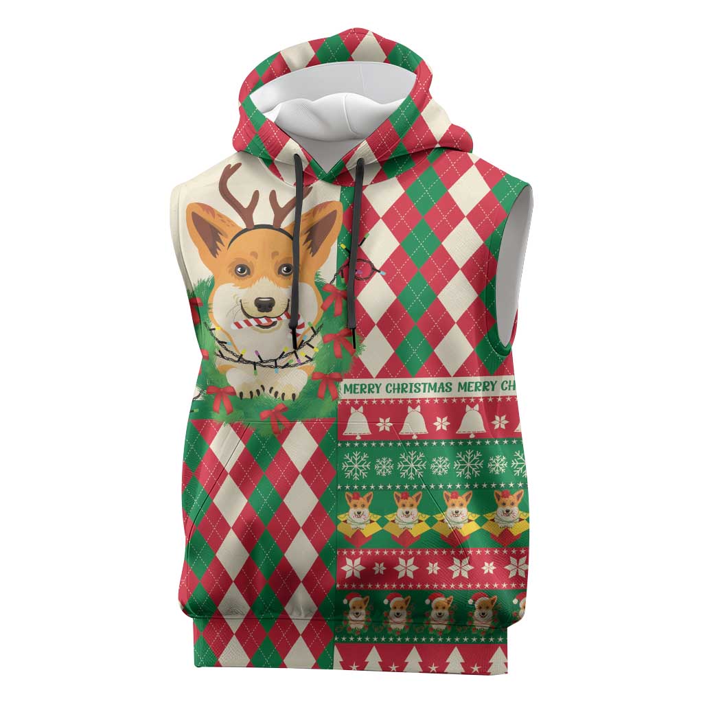 Wales Corgi Christmas Sleeveless Hoodie Seamless Cute Dog Argyle Pattern - Wonder Print Shop