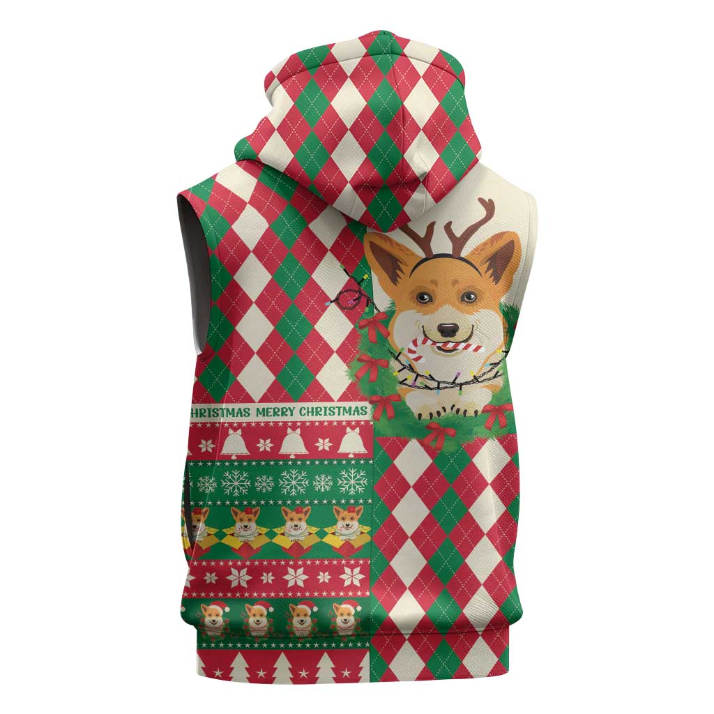 Wales Corgi Christmas Sleeveless Hoodie Seamless Cute Dog Argyle Pattern - Wonder Print Shop