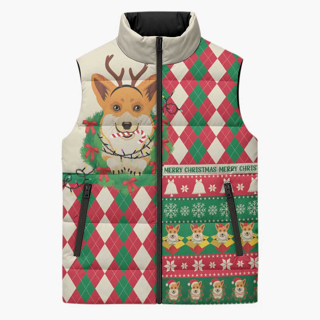 Wales Corgi Christmas Sleeveless Puffer Jacket Seamless Cute Dog Argyle Pattern - Wonder Print Shop