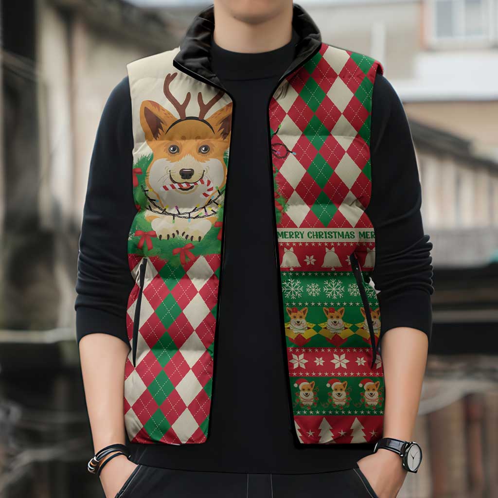 Wales Corgi Christmas Sleeveless Puffer Jacket Seamless Cute Dog Argyle Pattern - Wonder Print Shop