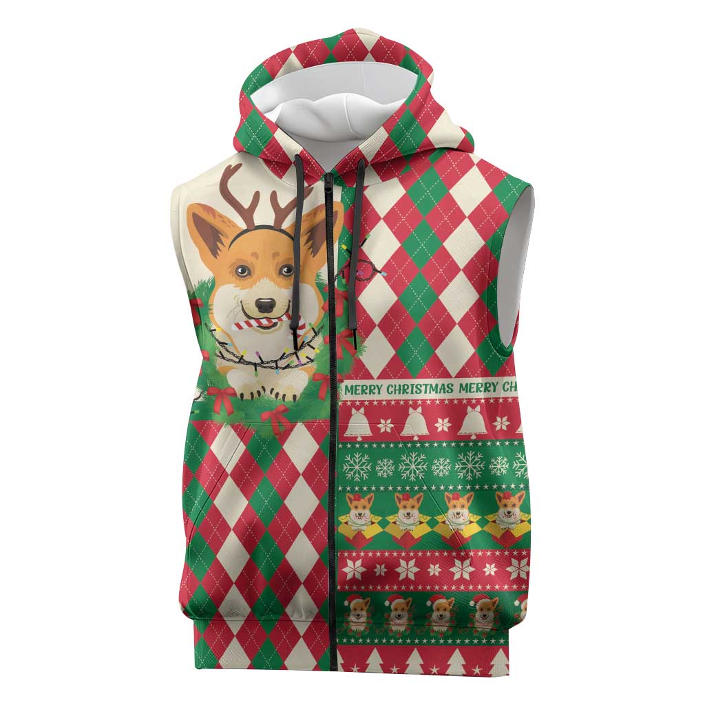 Wales Corgi Christmas Sleeveless Zip Hoodie Seamless Cute Dog Argyle Pattern - Wonder Print Shop