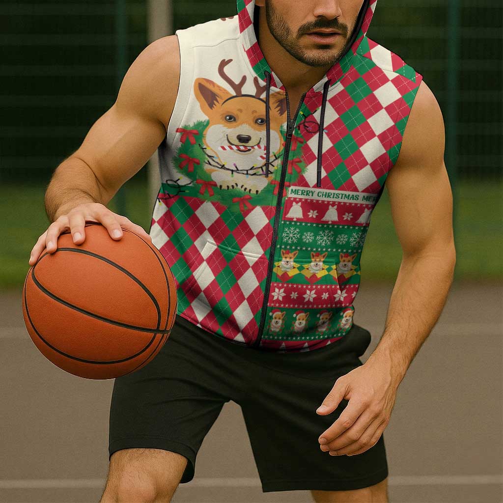 Wales Corgi Christmas Sleeveless Zip Hoodie Seamless Cute Dog Argyle Pattern - Wonder Print Shop