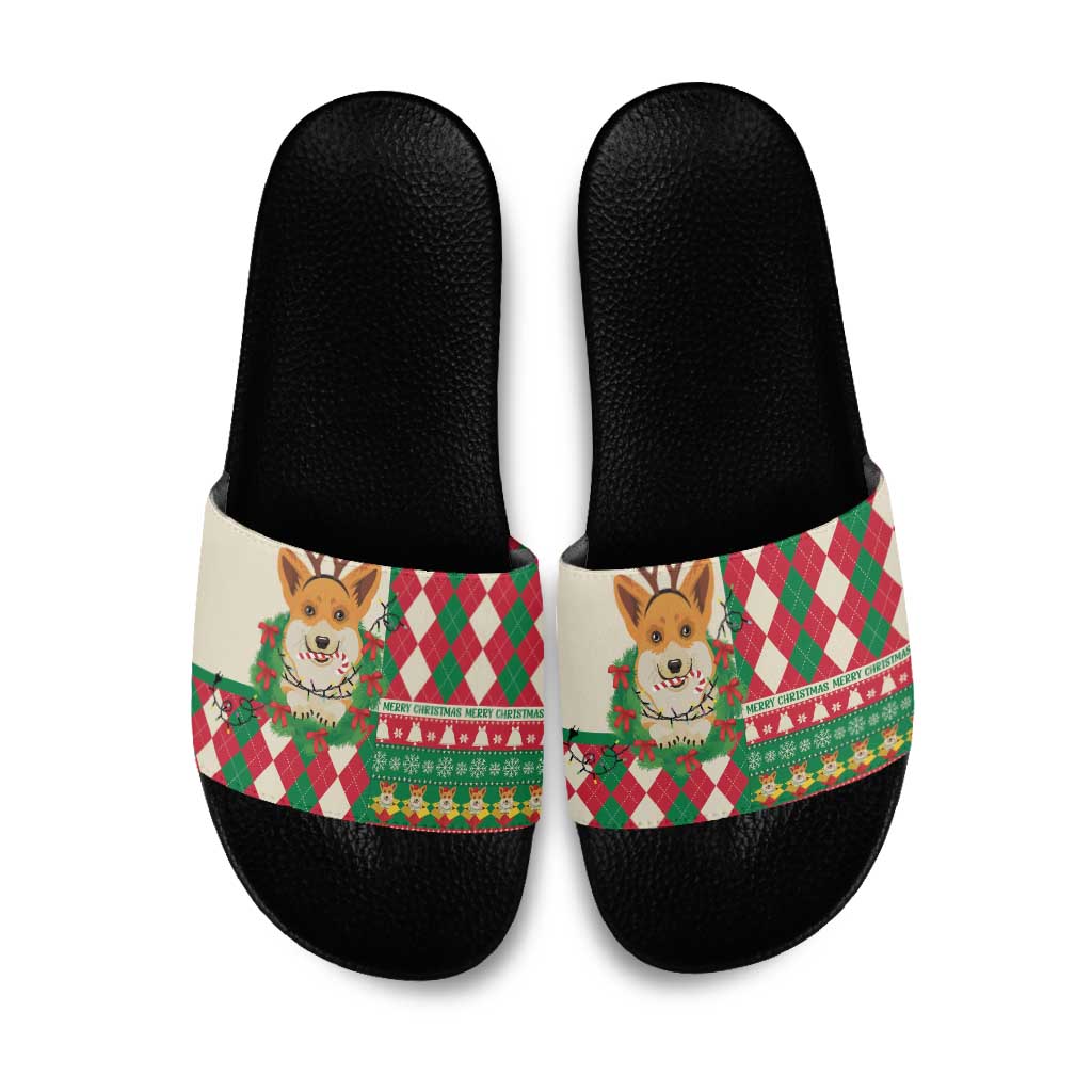 Wales Corgi Christmas Slide Sandals Seamless Cute Dog Argyle Pattern - Wonder Print Shop