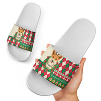 Wales Corgi Christmas Slide Sandals Seamless Cute Dog Argyle Pattern - Wonder Print Shop