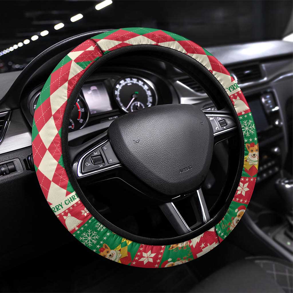 Wales Corgi Christmas Steering Wheel Cover Seamless Cute Dog Argyle Pattern - Wonder Print Shop