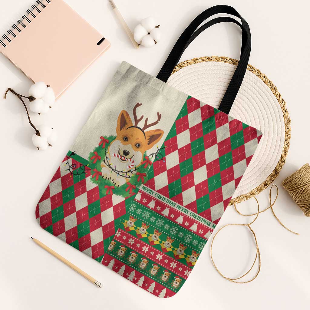 Wales Corgi Christmas Tote Bag Seamless Cute Dog Argyle Pattern - Wonder Print Shop