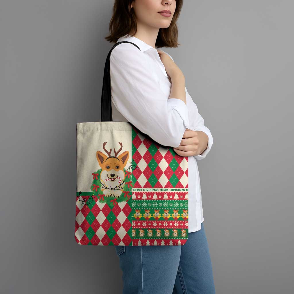 Wales Corgi Christmas Tote Bag Seamless Cute Dog Argyle Pattern - Wonder Print Shop