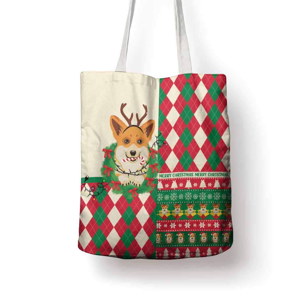 Wales Corgi Christmas Tote Bag Seamless Cute Dog Argyle Pattern - Wonder Print Shop