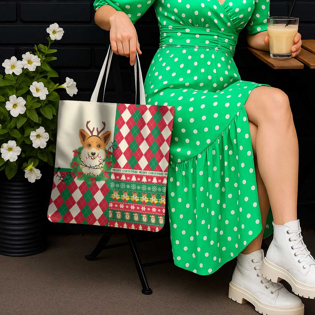 Wales Corgi Christmas Tote Bag Seamless Cute Dog Argyle Pattern - Wonder Print Shop