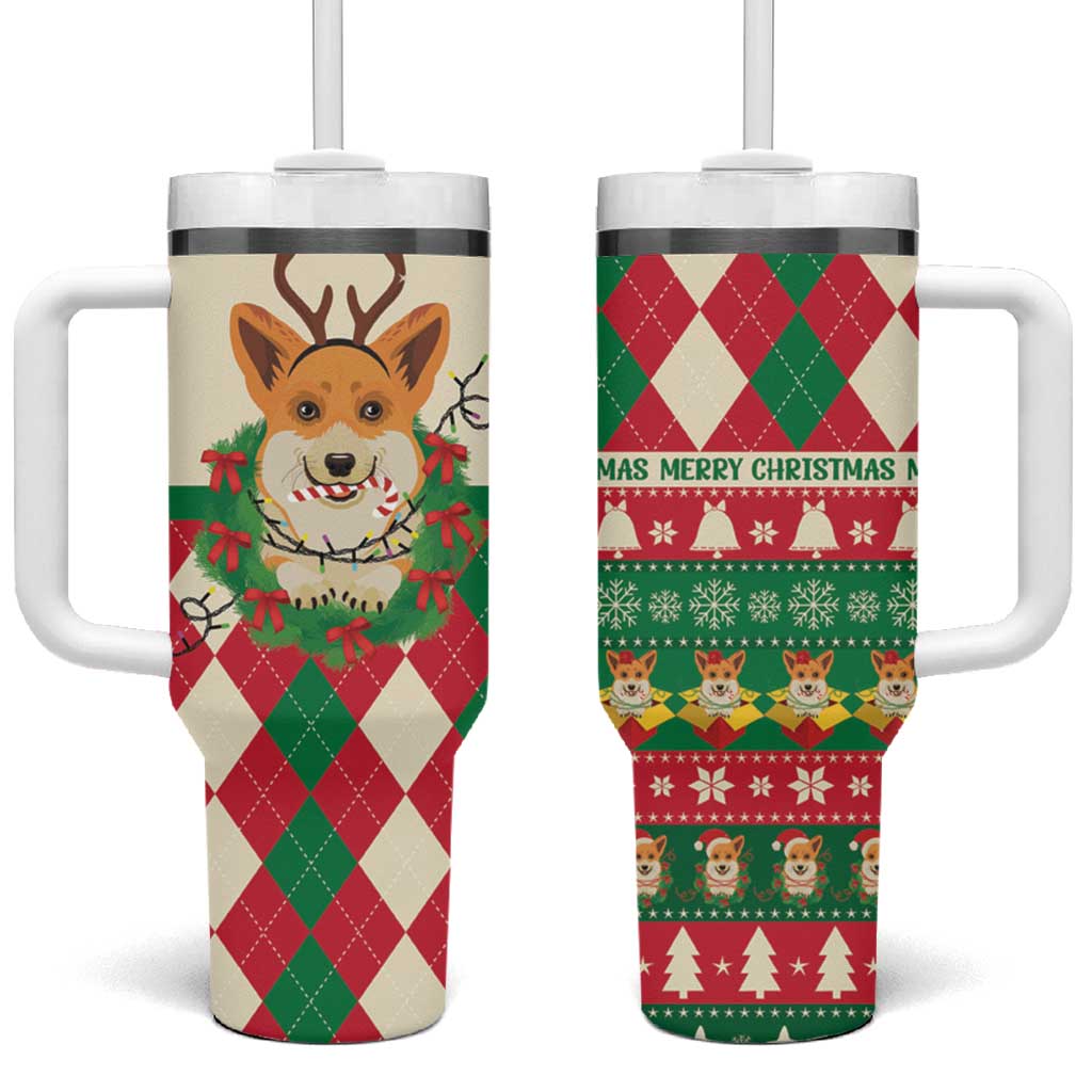 Wales Corgi Christmas Tumbler With Handle Seamless Cute Dog Argyle Pattern - Wonder Print Shop