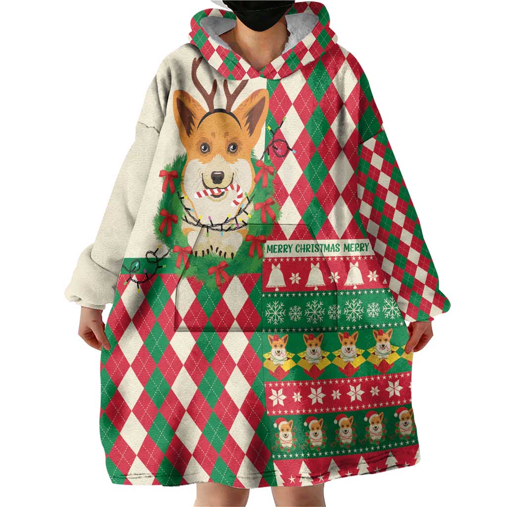 Wales Corgi Christmas Wearable Blanket Hoodie Seamless Cute Dog Argyle Pattern - Wonder Print Shop