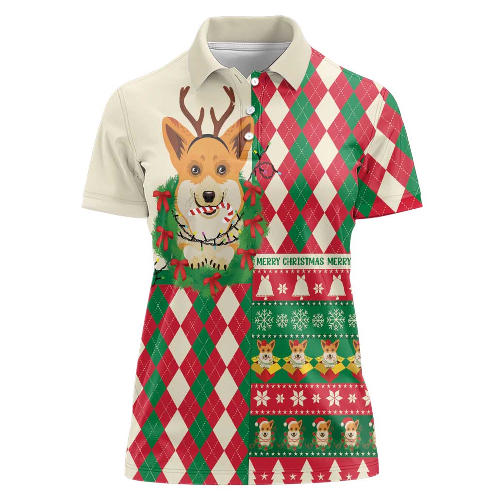 Wales Corgi Christmas Women Polo Shirt Seamless Cute Dog Argyle Pattern - Wonder Print Shop