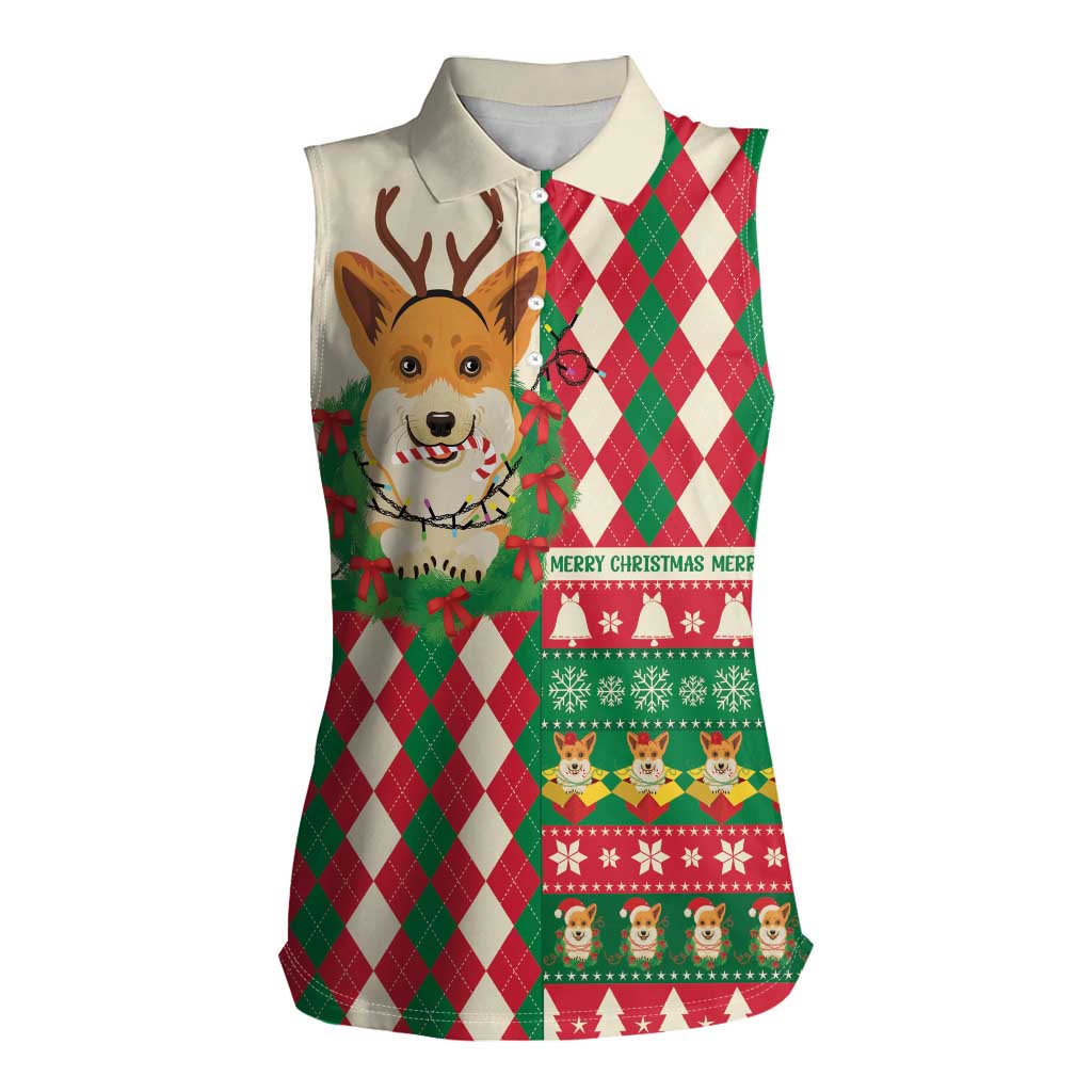Wales Corgi Christmas Women Sleeveless Polo Shirt Seamless Cute Dog Argyle Pattern - Wonder Print Shop