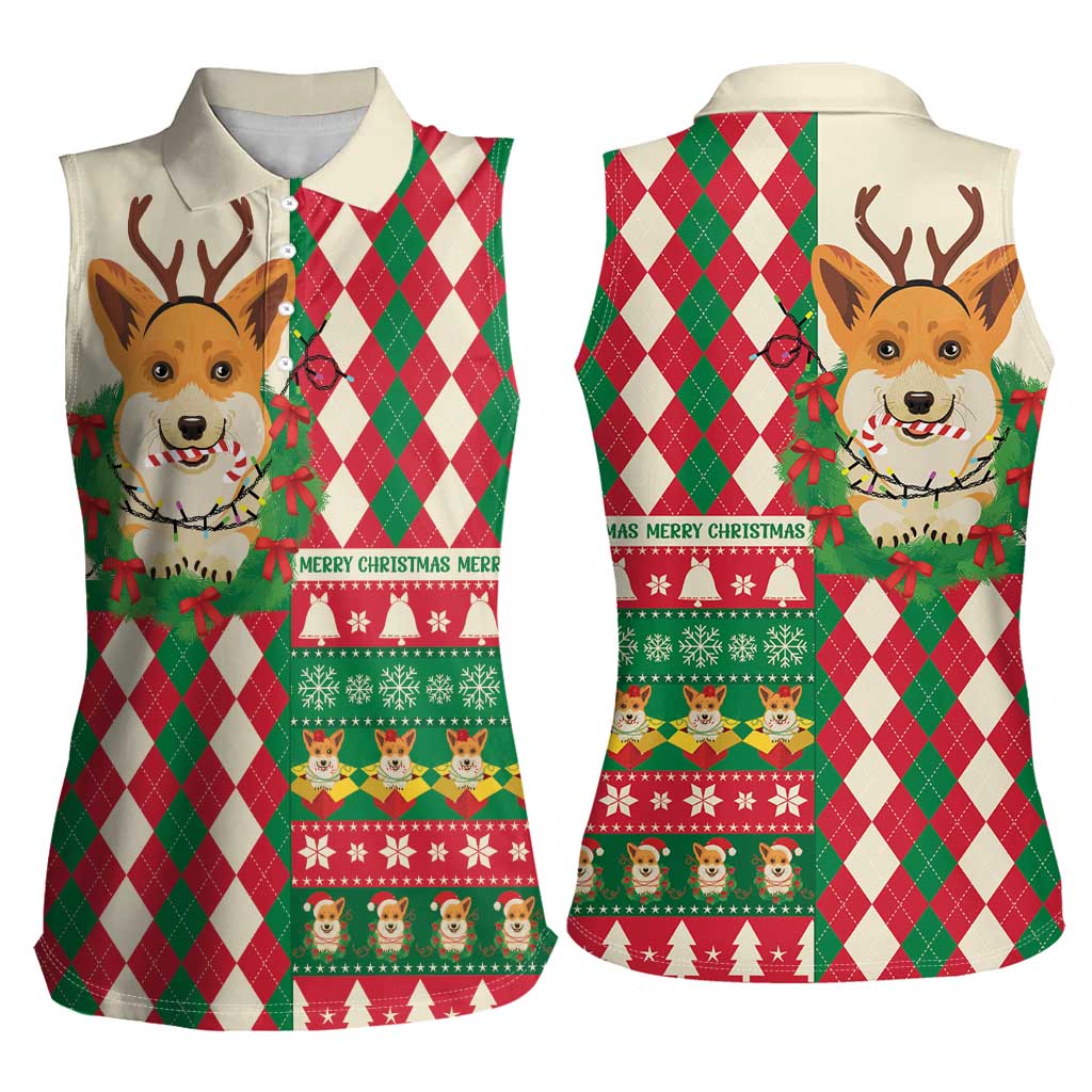 Wales Corgi Christmas Women Sleeveless Polo Shirt Seamless Cute Dog Argyle Pattern - Wonder Print Shop