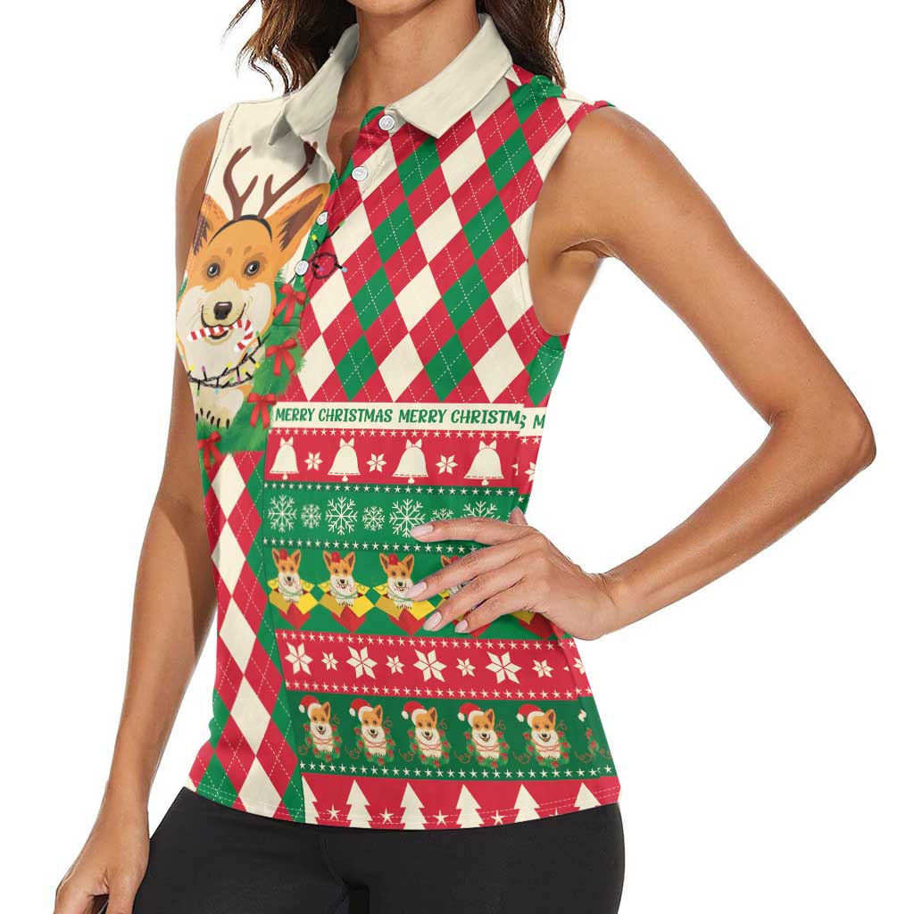 Wales Corgi Christmas Women Sleeveless Polo Shirt Seamless Cute Dog Argyle Pattern - Wonder Print Shop