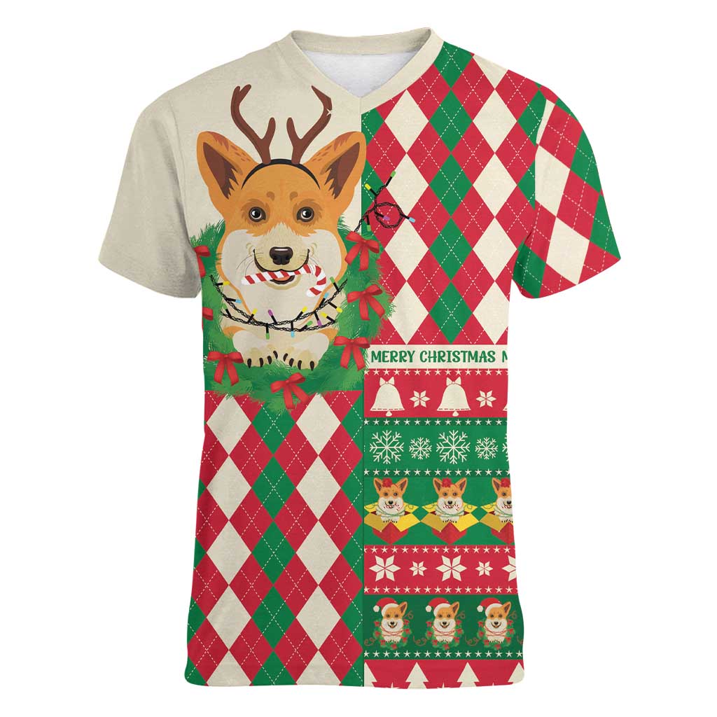 Wales Corgi Christmas Women V-Neck T-Shirt Seamless Cute Dog Argyle Pattern - Wonder Print Shop