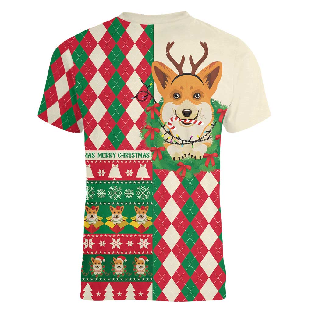 Wales Corgi Christmas Women V-Neck T-Shirt Seamless Cute Dog Argyle Pattern - Wonder Print Shop