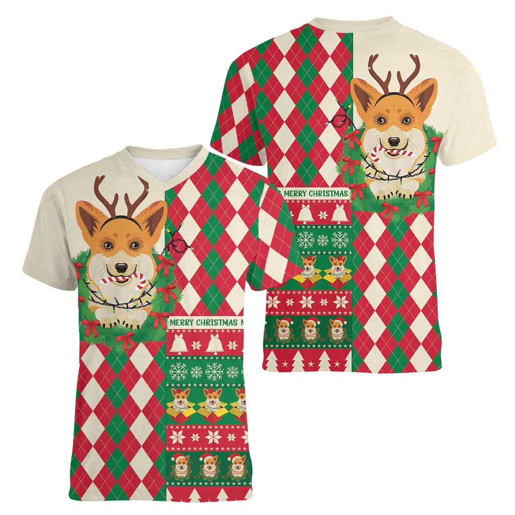 Wales Corgi Christmas Women V-Neck T-Shirt Seamless Cute Dog Argyle Pattern - Wonder Print Shop