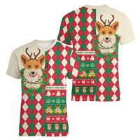 Wales Corgi Christmas Women V-Neck T-Shirt Seamless Cute Dog Argyle Pattern - Wonder Print Shop