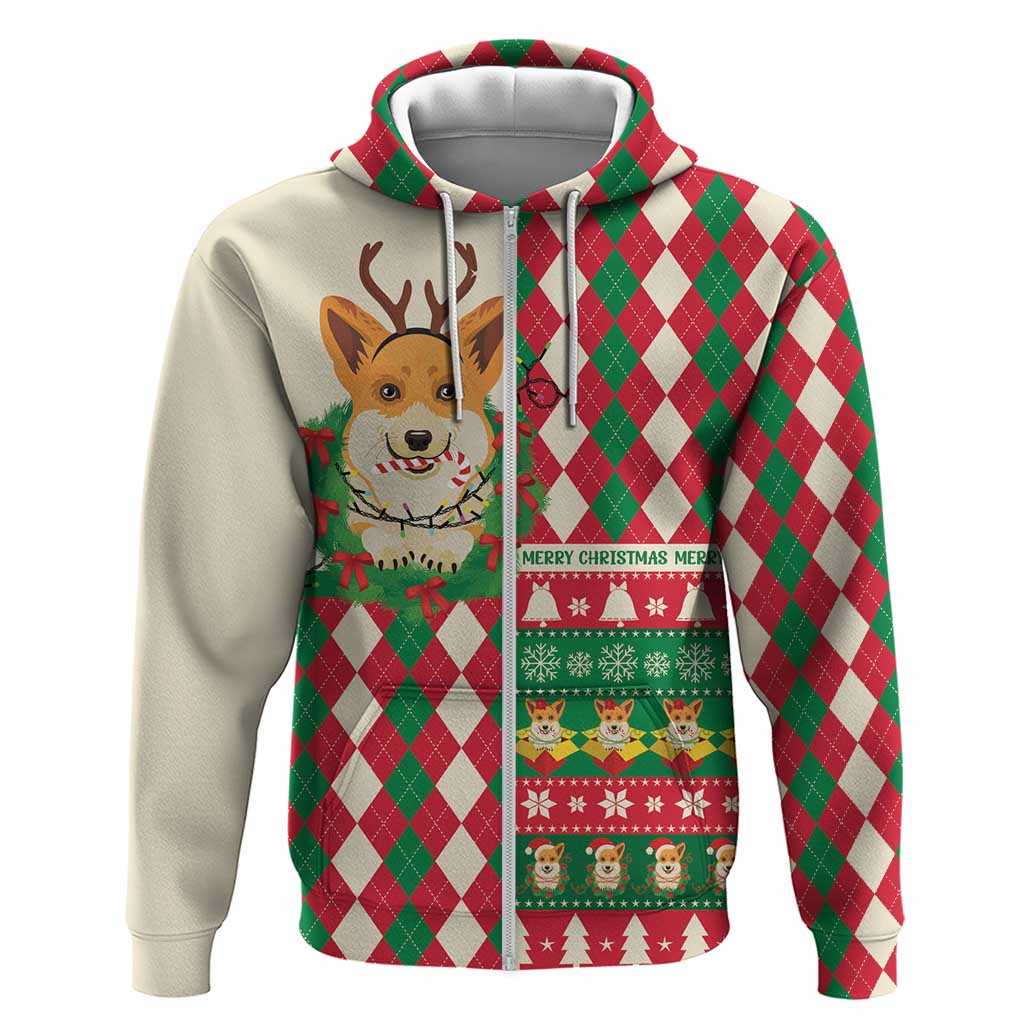 Wales Corgi Christmas Zip Hoodie Seamless Cute Dog Argyle Pattern - Wonder Print Shop