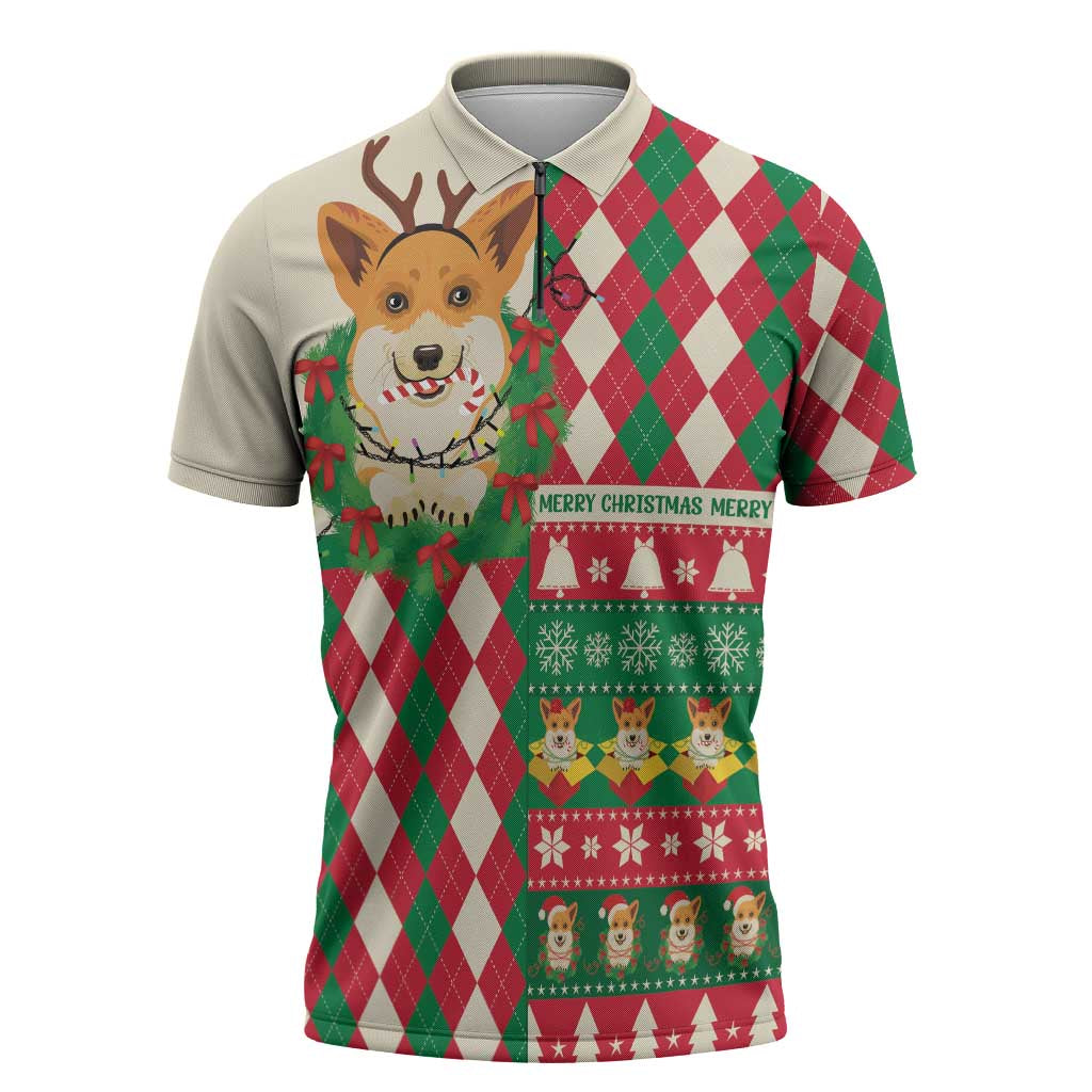 Wales Corgi Christmas Zipper Polo Shirt Seamless Cute Dog Argyle Pattern - Wonder Print Shop