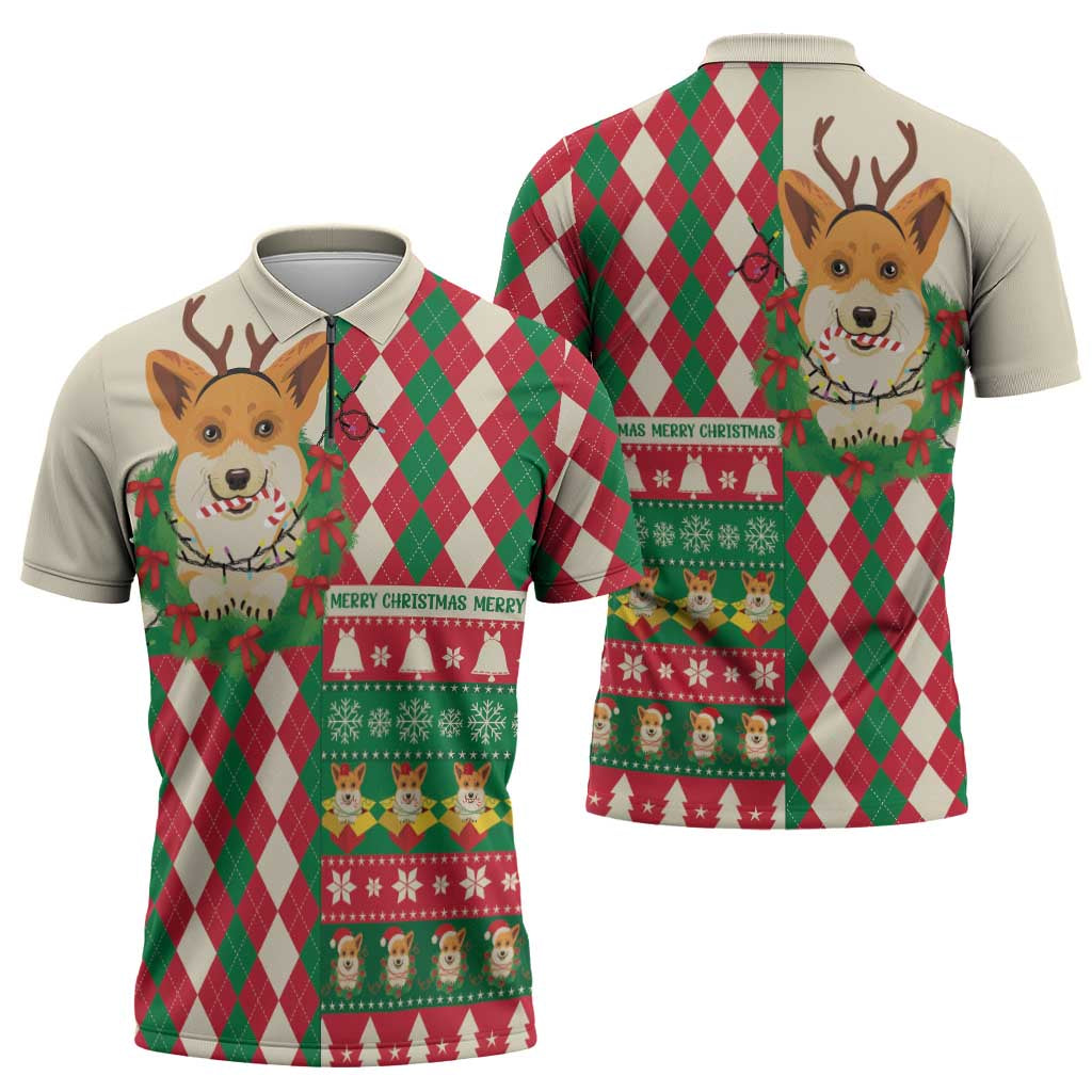 Wales Corgi Christmas Zipper Polo Shirt Seamless Cute Dog Argyle Pattern - Wonder Print Shop