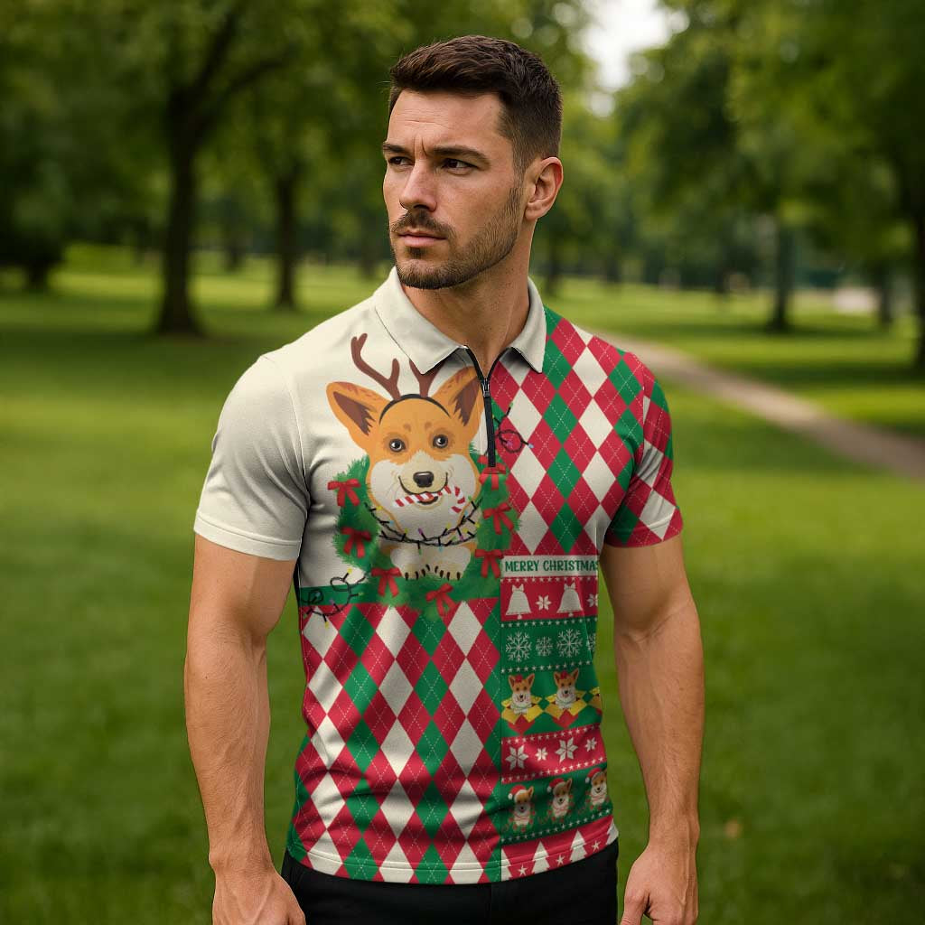 Wales Corgi Christmas Zipper Polo Shirt Seamless Cute Dog Argyle Pattern - Wonder Print Shop