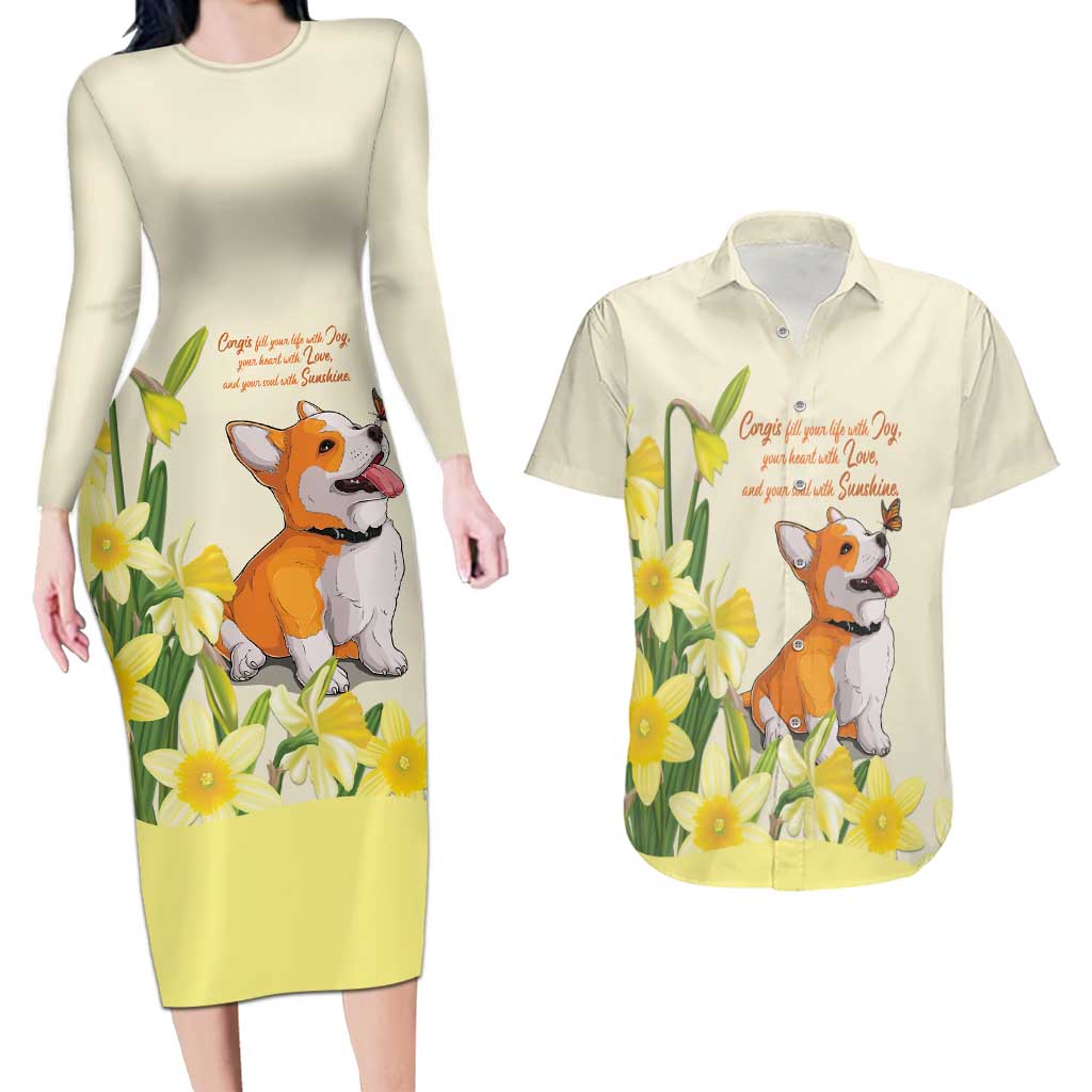 Personalised Wales Corgi and Daffodil Couples Matching Long Sleeve Bodycon Dress and Hawaiian Shirt Welsh Dog Lovers - Wonder Print Shop