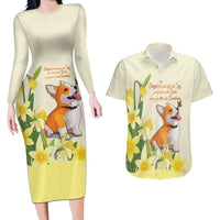 Personalised Wales Corgi and Daffodil Couples Matching Long Sleeve Bodycon Dress and Hawaiian Shirt Welsh Dog Lovers - Wonder Print Shop