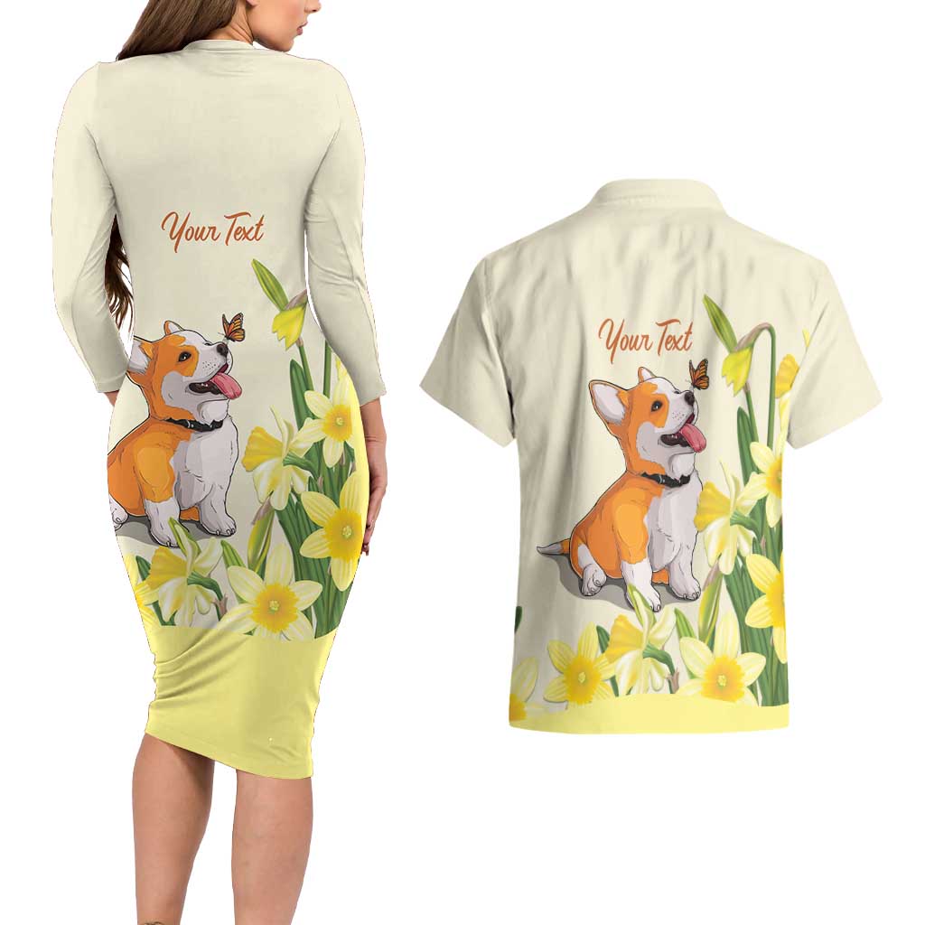 Personalised Wales Corgi and Daffodil Couples Matching Long Sleeve Bodycon Dress and Hawaiian Shirt Welsh Dog Lovers - Wonder Print Shop