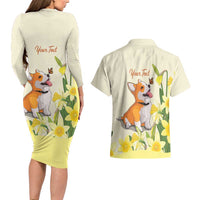 Personalised Wales Corgi and Daffodil Couples Matching Long Sleeve Bodycon Dress and Hawaiian Shirt Welsh Dog Lovers - Wonder Print Shop