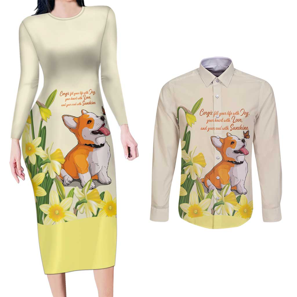 Personalised Wales Corgi and Daffodil Couples Matching Long Sleeve Bodycon Dress and Long Sleeve Button Shirt Welsh Dog Lovers - Wonder Print Shop