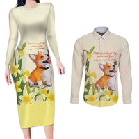 Personalised Wales Corgi and Daffodil Couples Matching Long Sleeve Bodycon Dress and Long Sleeve Button Shirt Welsh Dog Lovers - Wonder Print Shop