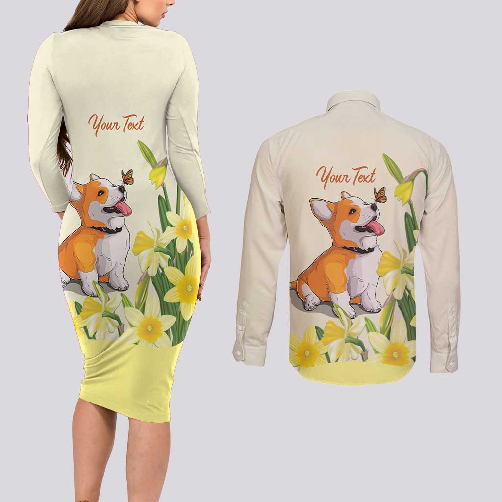 Personalised Wales Corgi and Daffodil Couples Matching Long Sleeve Bodycon Dress and Long Sleeve Button Shirt Welsh Dog Lovers - Wonder Print Shop