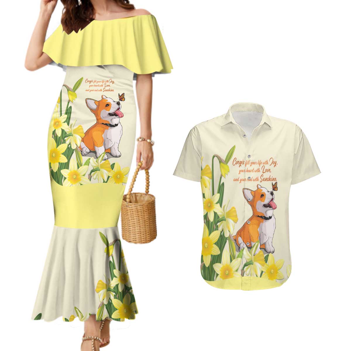 Personalised Wales Corgi and Daffodil Couples Matching Mermaid Dress and Hawaiian Shirt Welsh Dog Lovers - Wonder Print Shop