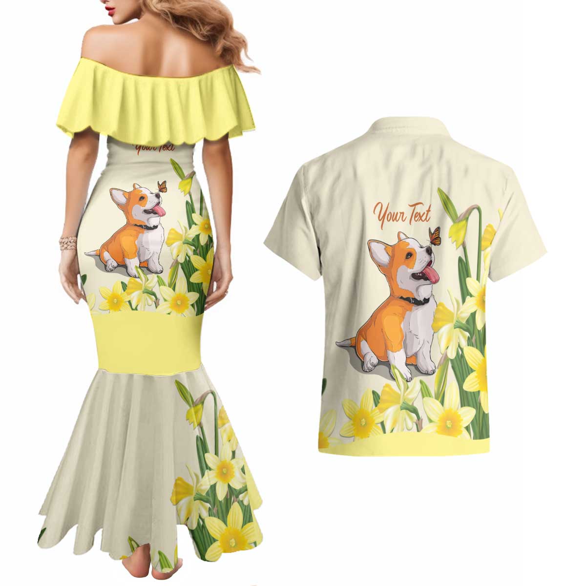 Personalised Wales Corgi and Daffodil Couples Matching Mermaid Dress and Hawaiian Shirt Welsh Dog Lovers - Wonder Print Shop