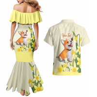 Personalised Wales Corgi and Daffodil Couples Matching Mermaid Dress and Hawaiian Shirt Welsh Dog Lovers - Wonder Print Shop