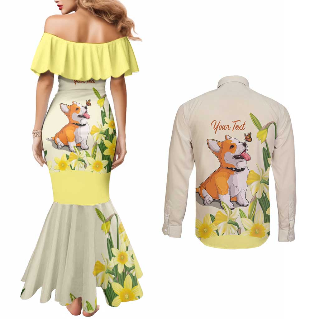 Personalised Wales Corgi and Daffodil Couples Matching Mermaid Dress and Long Sleeve Button Shirt Welsh Dog Lovers - Wonder Print Shop