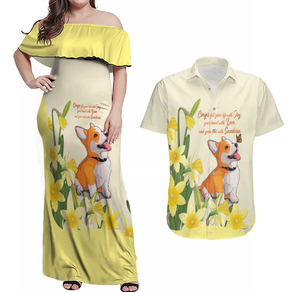Personalised Wales Corgi and Daffodil Couples Matching Off Shoulder Maxi Dress and Hawaiian Shirt Welsh Dog Lovers - Wonder Print Shop