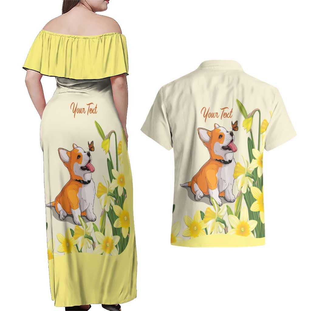 Personalised Wales Corgi and Daffodil Couples Matching Off Shoulder Maxi Dress and Hawaiian Shirt Welsh Dog Lovers - Wonder Print Shop