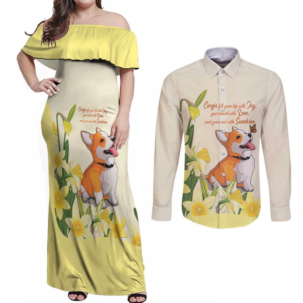 Personalised Wales Corgi and Daffodil Couples Matching Off Shoulder Maxi Dress and Long Sleeve Button Shirt Welsh Dog Lovers - Wonder Print Shop