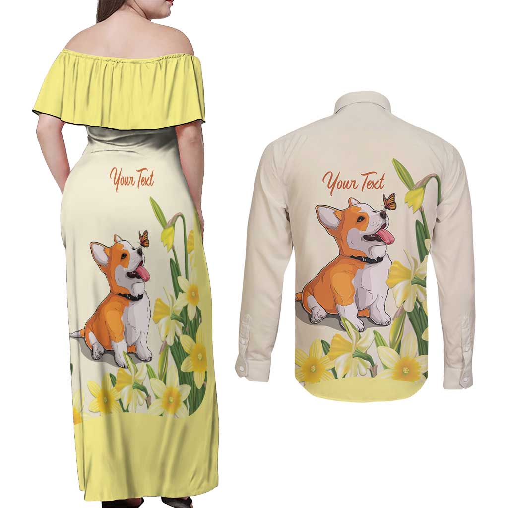 Personalised Wales Corgi and Daffodil Couples Matching Off Shoulder Maxi Dress and Long Sleeve Button Shirt Welsh Dog Lovers - Wonder Print Shop
