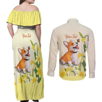 Personalised Wales Corgi and Daffodil Couples Matching Off Shoulder Maxi Dress and Long Sleeve Button Shirt Welsh Dog Lovers - Wonder Print Shop