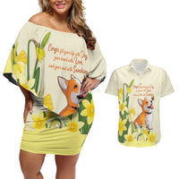 Personalised Wales Corgi and Daffodil Couples Matching Off Shoulder Short Dress and Hawaiian Shirt Welsh Dog Lovers - Wonder Print Shop