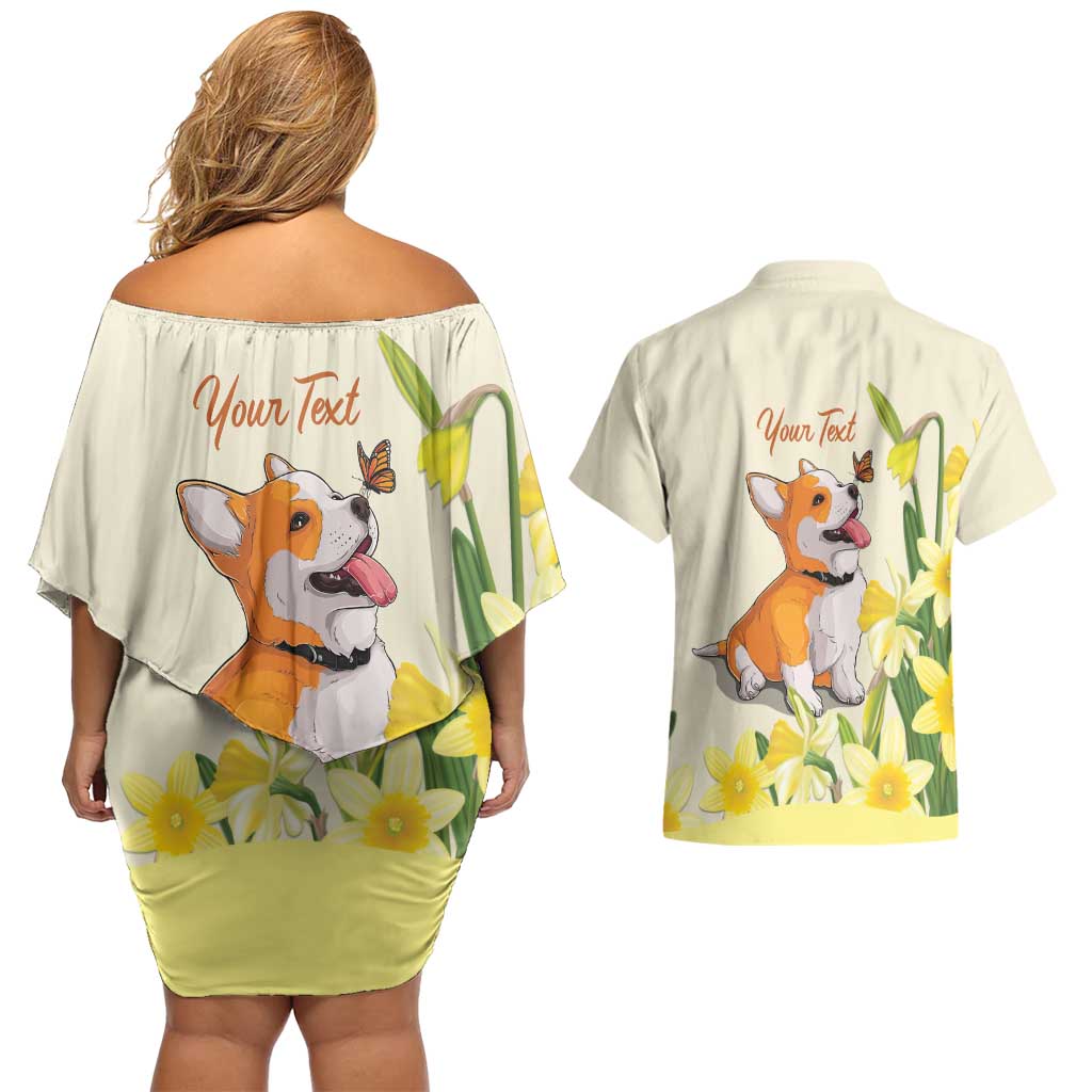 Personalised Wales Corgi and Daffodil Couples Matching Off Shoulder Short Dress and Hawaiian Shirt Welsh Dog Lovers - Wonder Print Shop