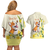 Personalised Wales Corgi and Daffodil Couples Matching Off Shoulder Short Dress and Hawaiian Shirt Welsh Dog Lovers - Wonder Print Shop