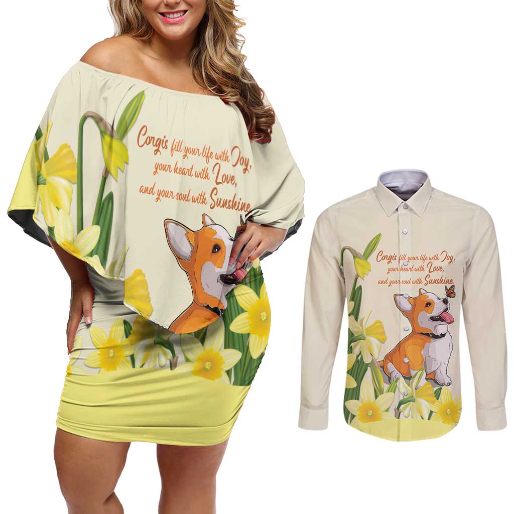 Personalised Wales Corgi and Daffodil Couples Matching Off Shoulder Short Dress and Long Sleeve Button Shirt Welsh Dog Lovers - Wonder Print Shop